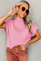 Dark Blue Patch Pocket Ribbed Knit Short Sleeve Sweater