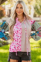 Pink Boho Mixed Floral Drop Shoulder Bubble Sleeve Blouse