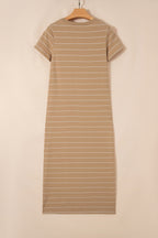 Khaki Stripe Casual Short Sleeve Side Slit Maxi T Shirt Dress