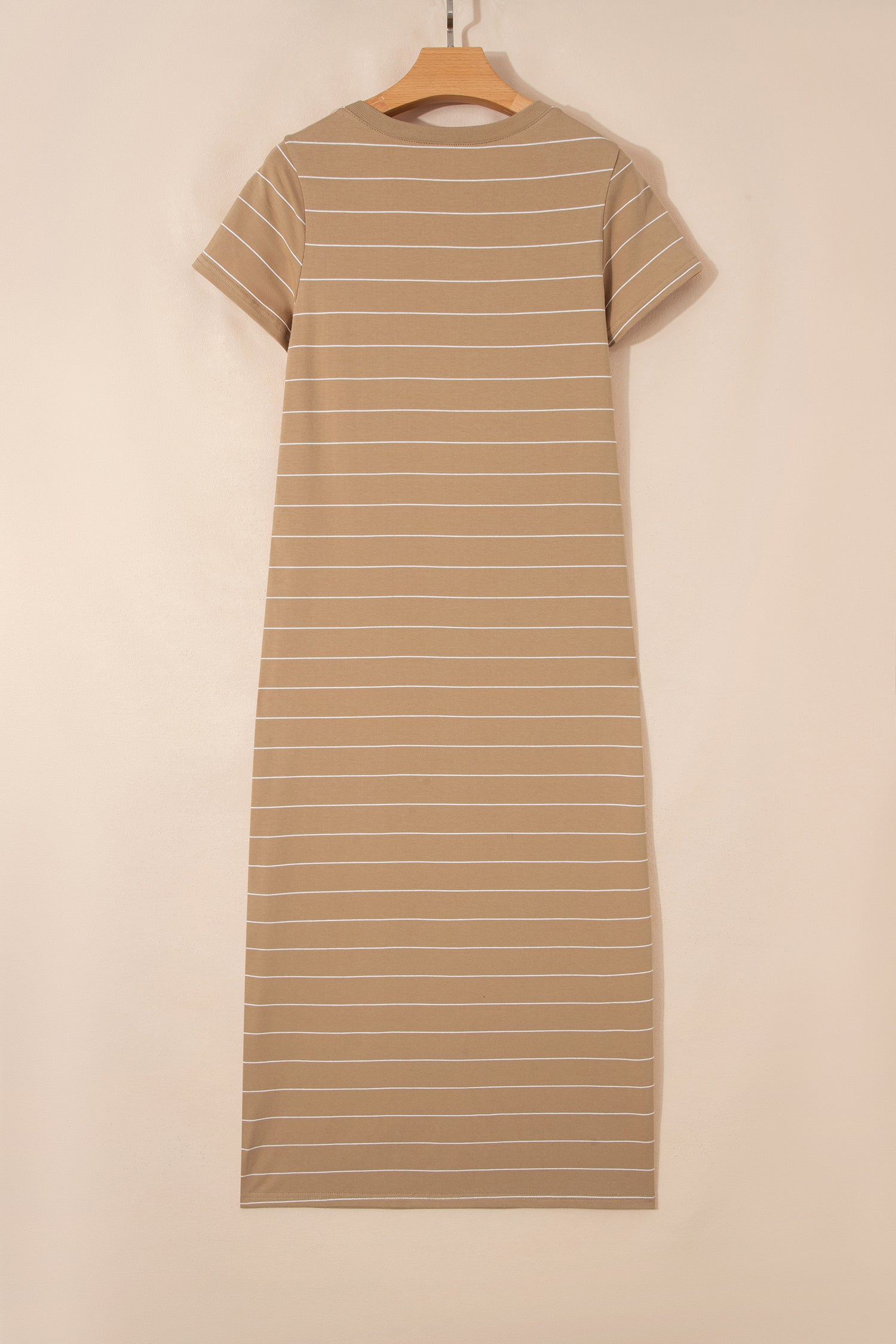 Khaki Stripe Casual Short Sleeve Side Slit Maxi T Shirt Dress