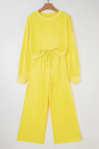 Light Pink Drop Shoulder Puff Sleeve Crop Pullover Drawstring Wide Leg Pants Set