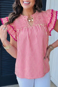 Rose Stripe Shirred Yoke Ruffled Short Sleeve Blouse