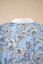 Sky Blue Floral Striped Printed Polo Collar Short Sleeve Blouse