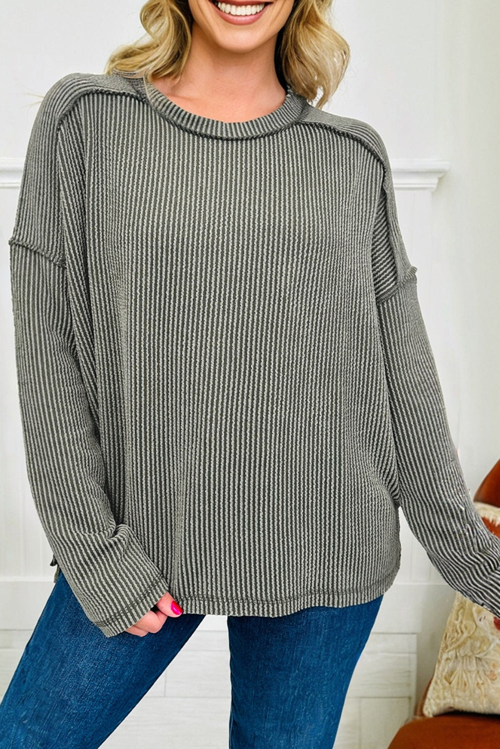 Twist Ribbed Exposed Seam Detail Long Sleeve Loose Top