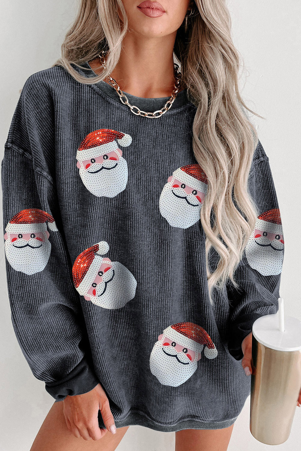 Grey Sequined Santa Claus Corded Christmas Sweatshirt