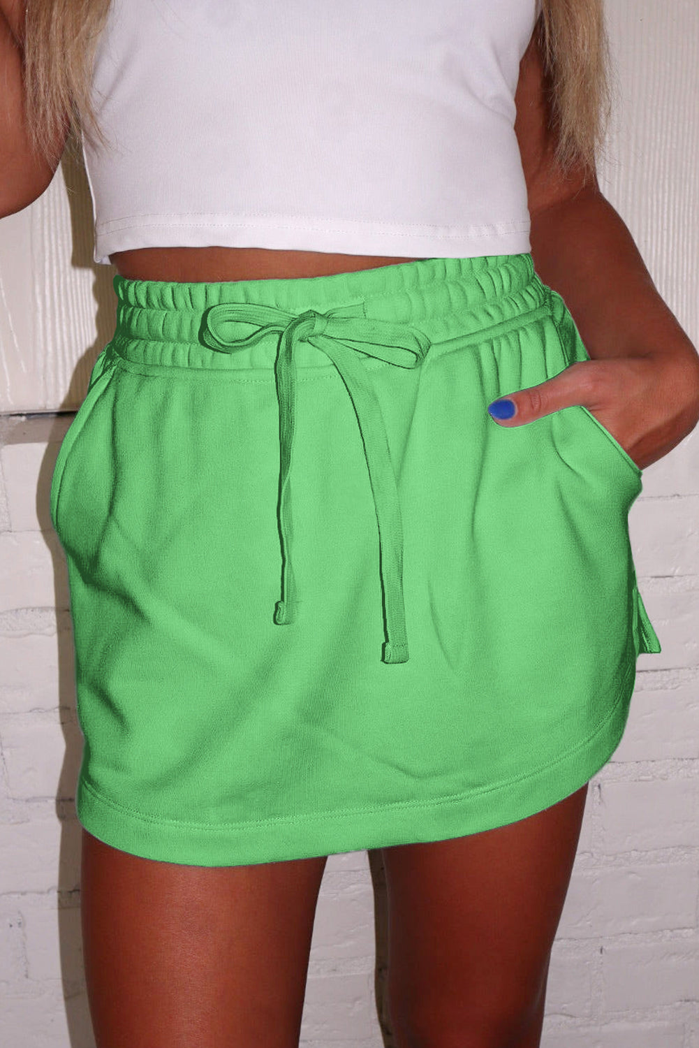 French Terry Drawstring Elastic Waistband Mini Skort with Pockets