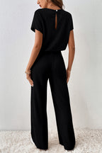 Dark Grey Ribbed Keyhole Short Sleeve Wide Leg Jumpsuit