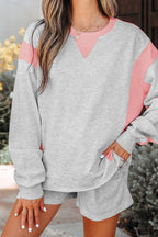 Light Grey Color Block Raw Hem Pullover and Casual Shorts Set