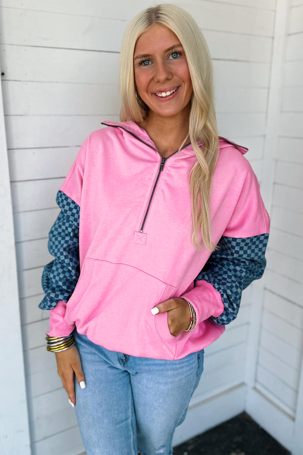 Parchment Checkered Patchwork Kangaroo Pocket Half Zipper Hoodie
