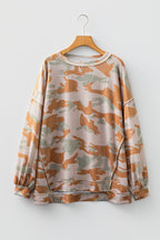 Brown Retro Camouflage Print Exposed Seam Patchwork Drop Shoulder Sweatshirt