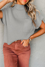 Dark Blue Patch Pocket Ribbed Knit Short Sleeve Sweater