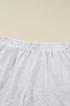 Light Grey Girly Bow Embroidered Puff Sleeve Pullover Loose Shorts Plus Size 2pcs Outfit