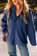 Navy Blue Fleece Zip Up Drawstring Hooded Pocketed Jacket