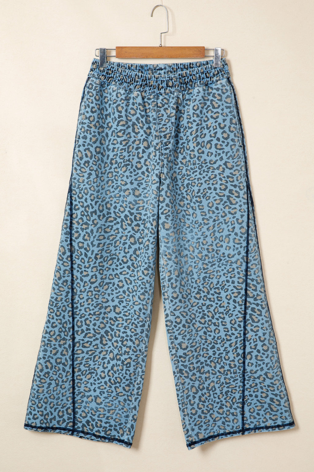 Blue Leopard Print Exposed Seam Detail Wide Leg Drawstring Jeans