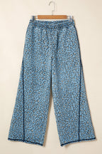 Blue Leopard Print Exposed Seam Detail Wide Leg Drawstring Jeans