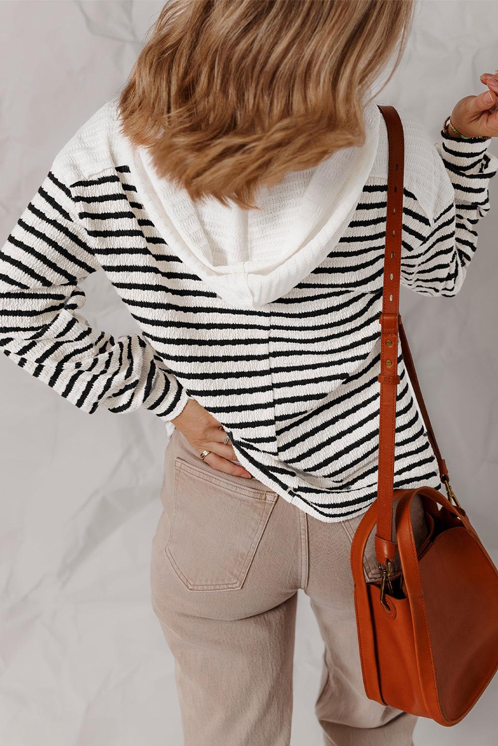 Striped Textured Hooded V Neck Casual Long Sleeve Top