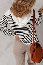 Striped Textured Hooded V Neck Casual Long Sleeve Top
