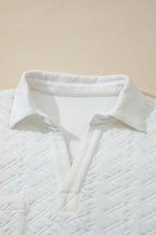 White Textured Pocketed Collared V Neck Pullover Sweatshirt