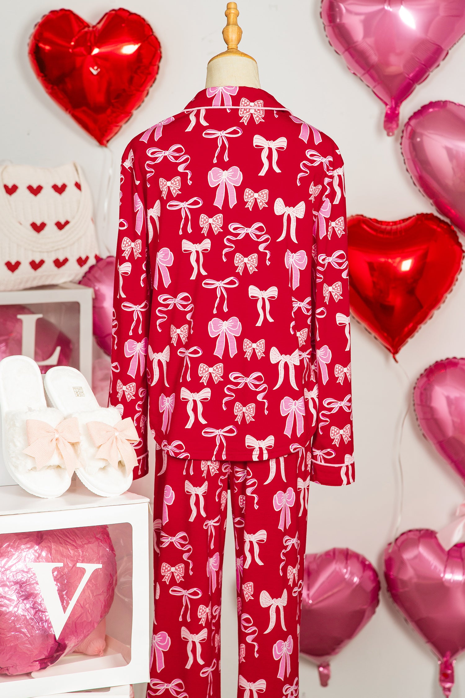 Red Sweet Bow Print Shirt Style Top Long 2pcs Pyjama Set