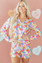 Pink Valentines Candy Heart V Neck Collared Tunic Shirt and Shorts 2pcs Pyjama Set