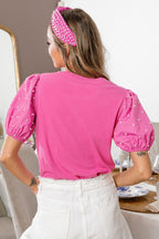 Black Ribbed Pearl Beaded Puff Sleeve Top