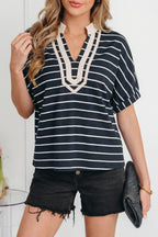 Black Stripe Stand Collar V Neck Elastic Cuffs Half Sleeve Dolman Top