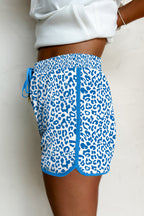 White Leopard Elastic Waist Lace up Contrast Trim Casual Shorts