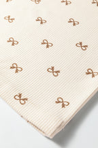 Apricot Bow Print Drawstring Elastic Waist Loose Corduroy Pants