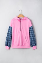 Parchment Checkered Patchwork Kangaroo Pocket Half Zipper Hoodie