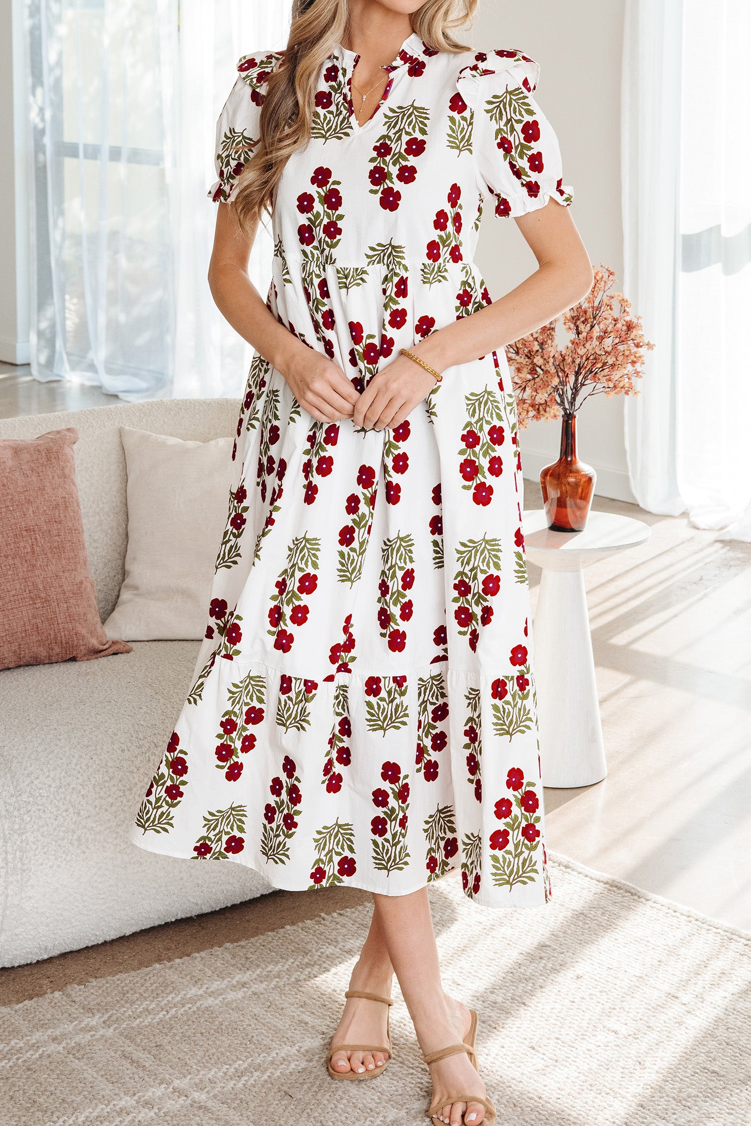 Floral Short Bubble Sleeve Tiered Maxi Dress