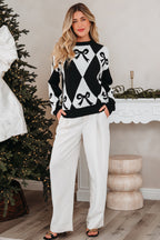Black Bow Print 2-tone Rhombus Knit Loose Sweater