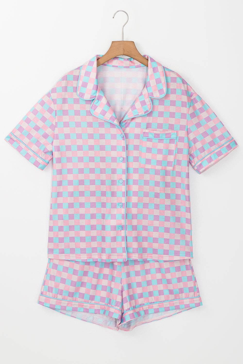 Purple Checkered Pattern Short Sleeve Pyjamas Set
