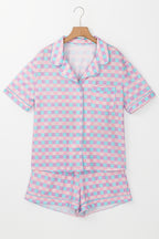 Purple Checkered Pattern Short Sleeve Pyjamas Set