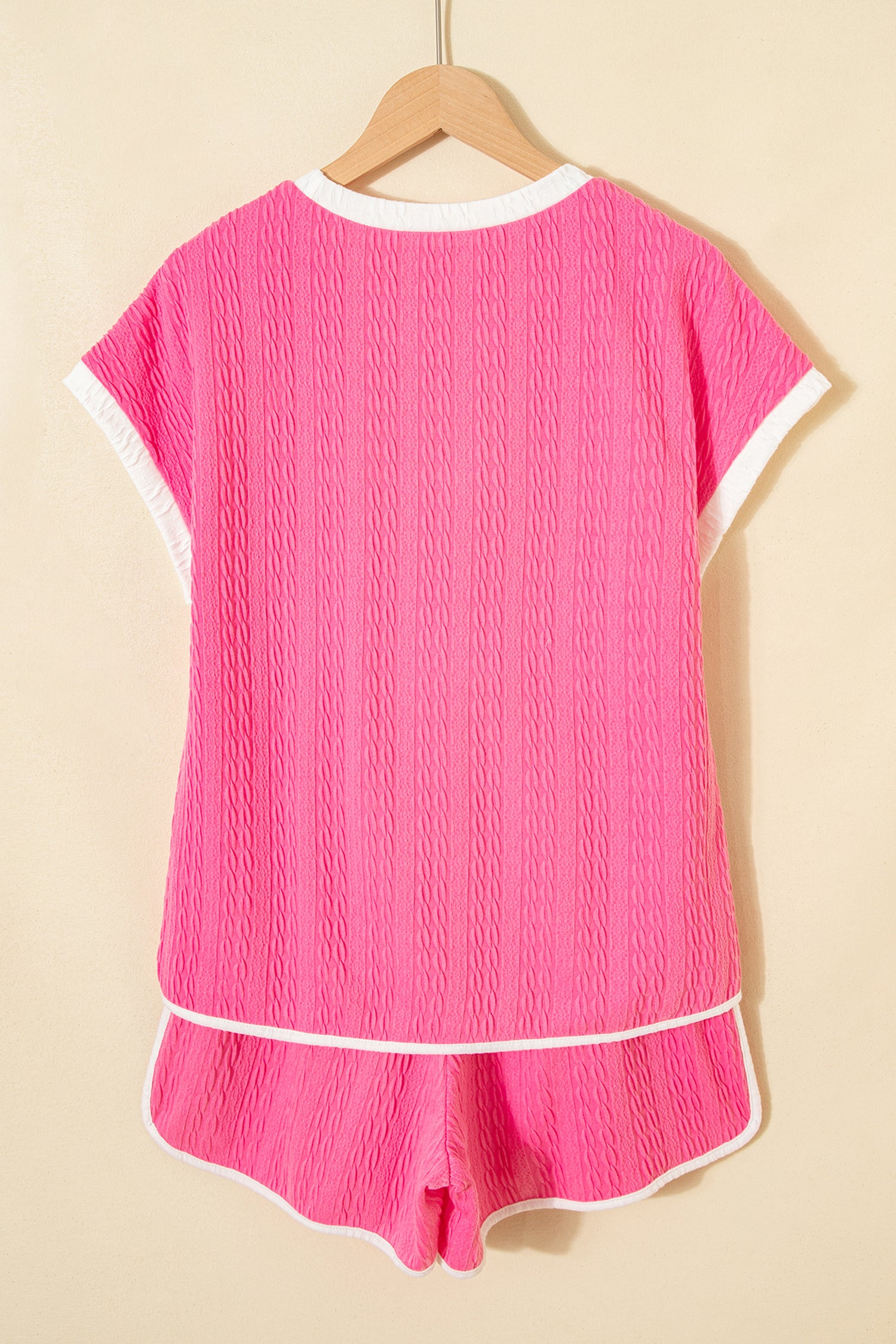 Bright Pink Textured Color Block Trim Loose Tee Drawstring Shorts 2pcs Set