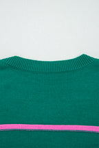 Green Stripe Half Buttons Drop Shoulder Plus Size Sweater