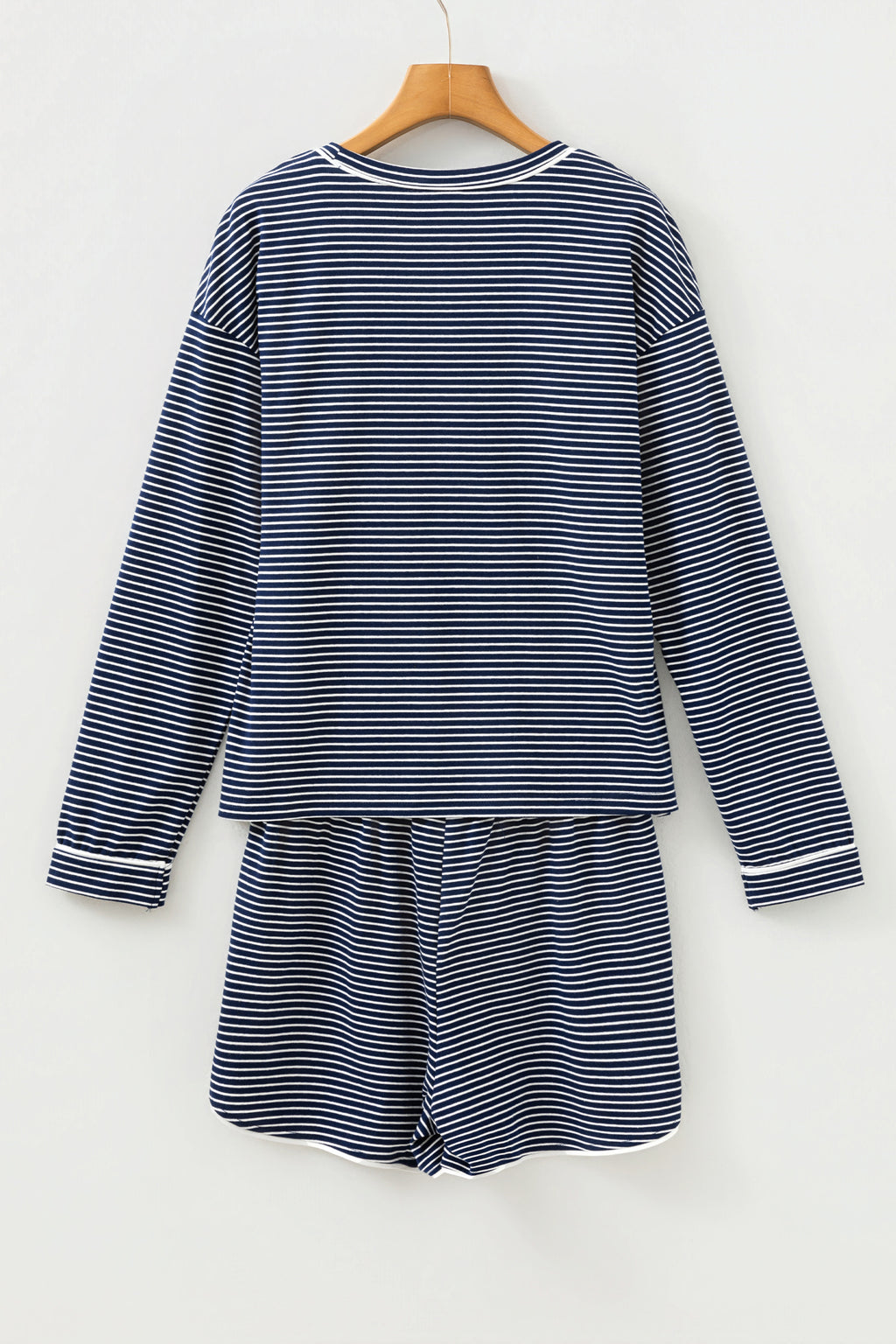 Blue Stripe Drop Shoulder Round Neck Long Sleeve Tee and Buttoned Shorts 2pcs Lounge Set