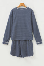 Blue Stripe Drop Shoulder Round Neck Long Sleeve Tee and Buttoned Shorts 2pcs Lounge Set