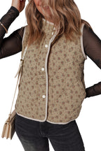 Khaki Floral Print Quilted Concealed Button Vest