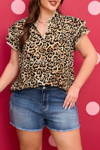 Khaki Plus Size Leopard Print Stitch Detail Ruffled Short Sleeve Blouse
