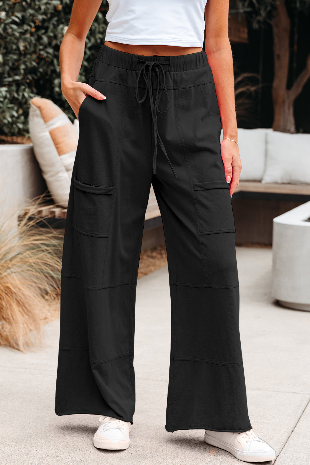 Mineral Wash Exposed Seam Drawstring Elastic Waistband Wide Leg Cargo Pants