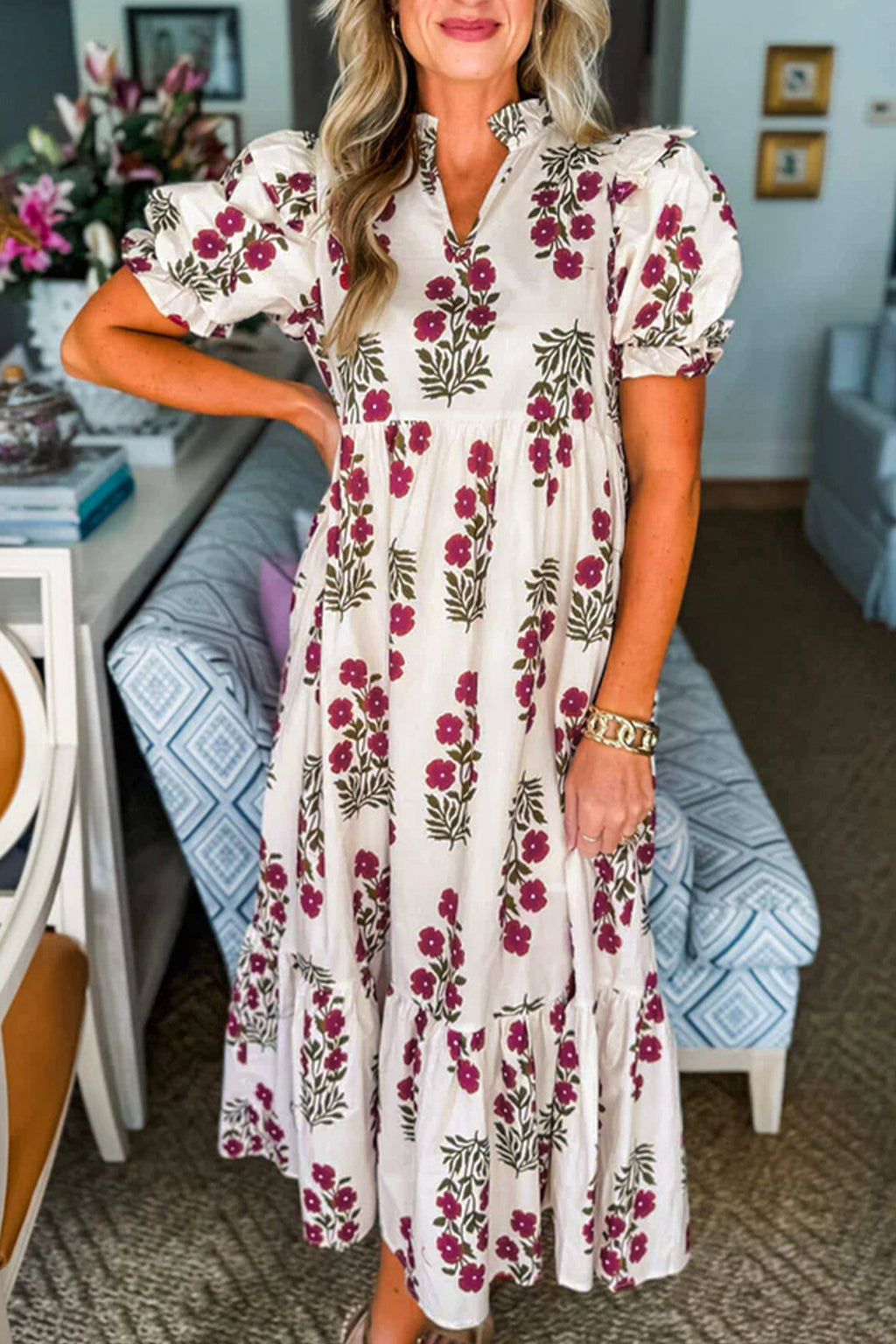 Floral Short Bubble Sleeve Tiered Maxi Dress