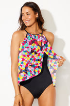 Purple Floral Print O Neck Open Back One Piece Swimsuit