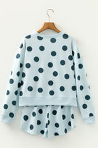 Polka Dot Print Drop Shoulder Pullover Drawstring Shorts Set