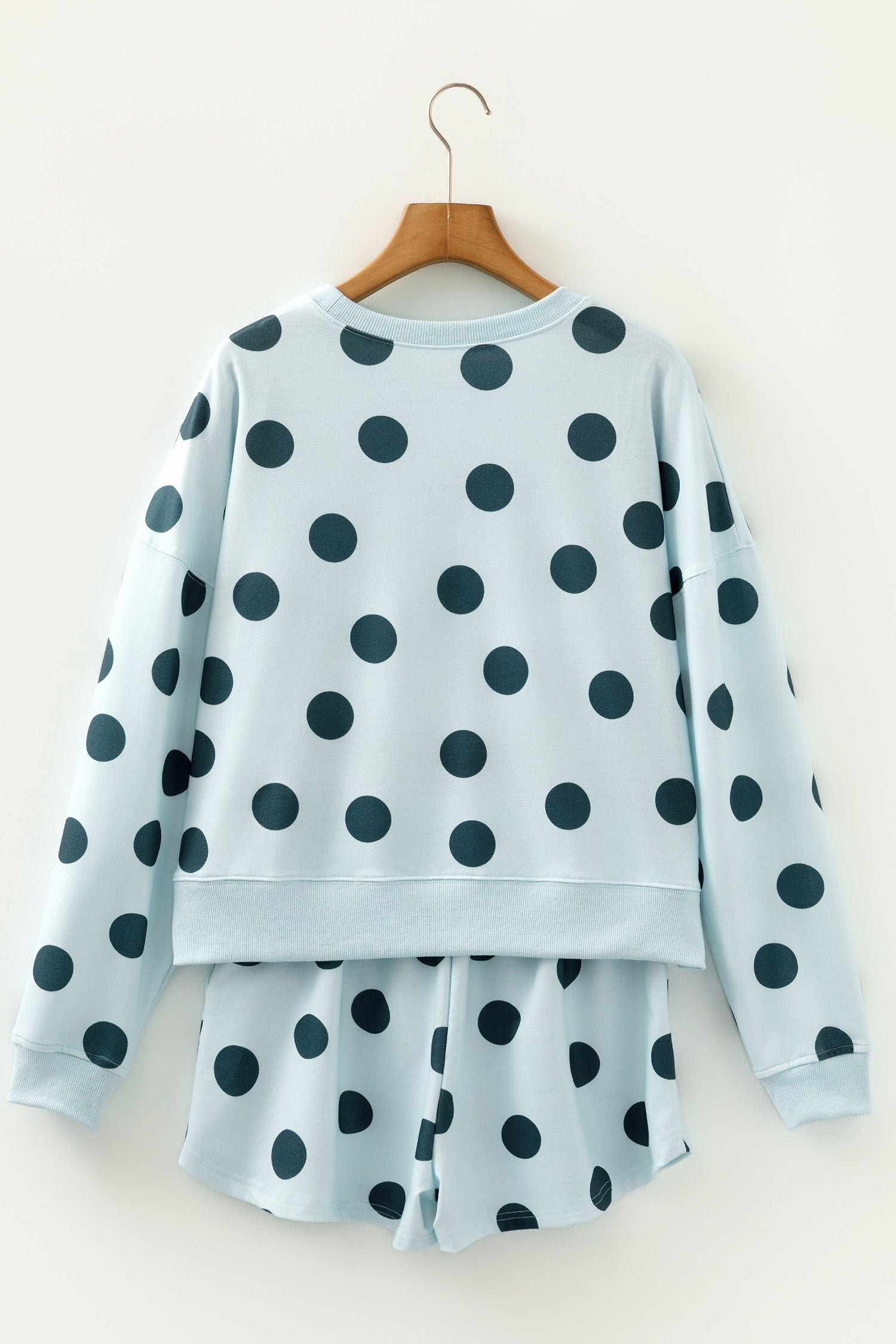 Polka Dot Print Drop Shoulder Pullover Drawstring Shorts Set