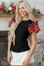 Plaid Pearl Ruffle Short Sleeve Loose T Shirt