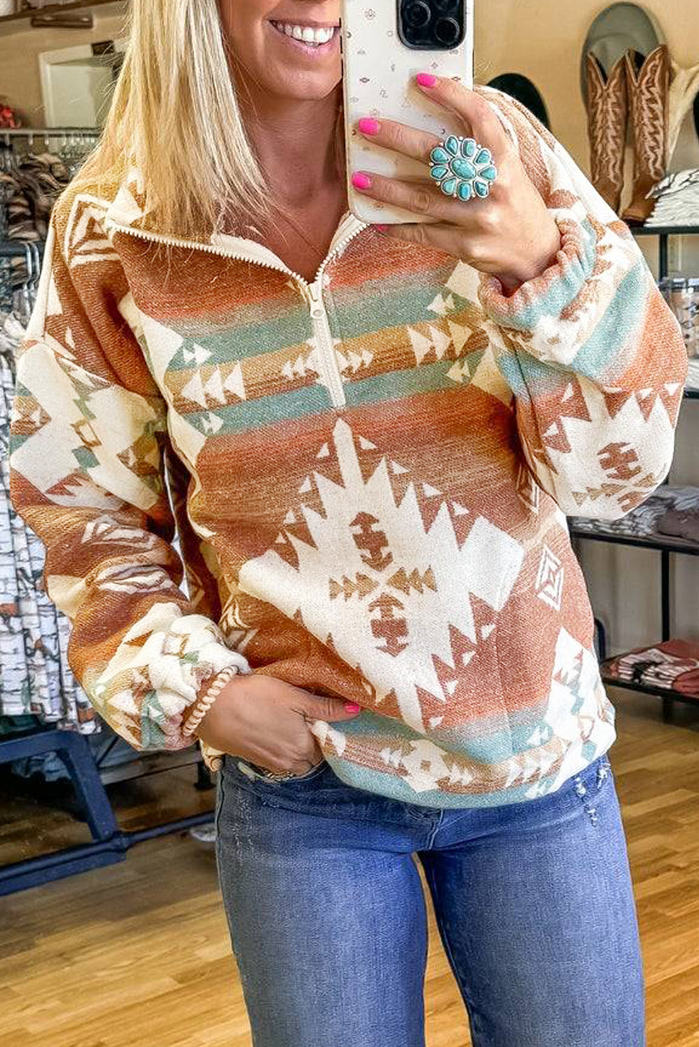 Green Quarter Zip Elastic Cuffs Aztec Sweatshirt