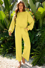 Light Pink Drop Shoulder Puff Sleeve Crop Pullover Drawstring Wide Leg Pants Set