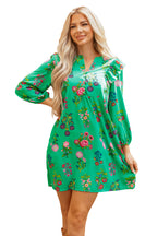 Green Floral Ruffled Three Quarter Sleeve Buttoned Mini Dress