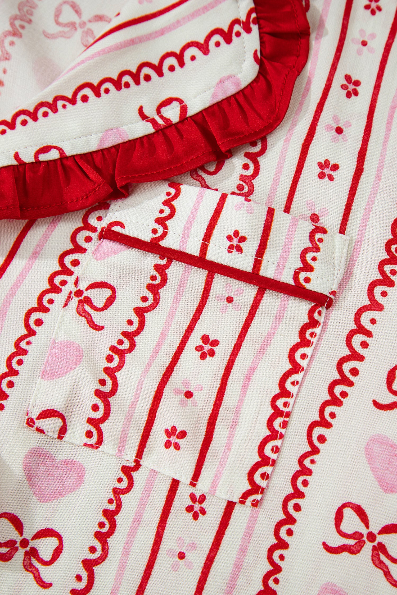 Red Sweet Floral Heart Bow Print Contrast Trim Long Sleeve Shirt Pyjama Short Set
