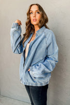 Myosotis Elastic Edge Collared Zip Up Denim Jacket With Pocket